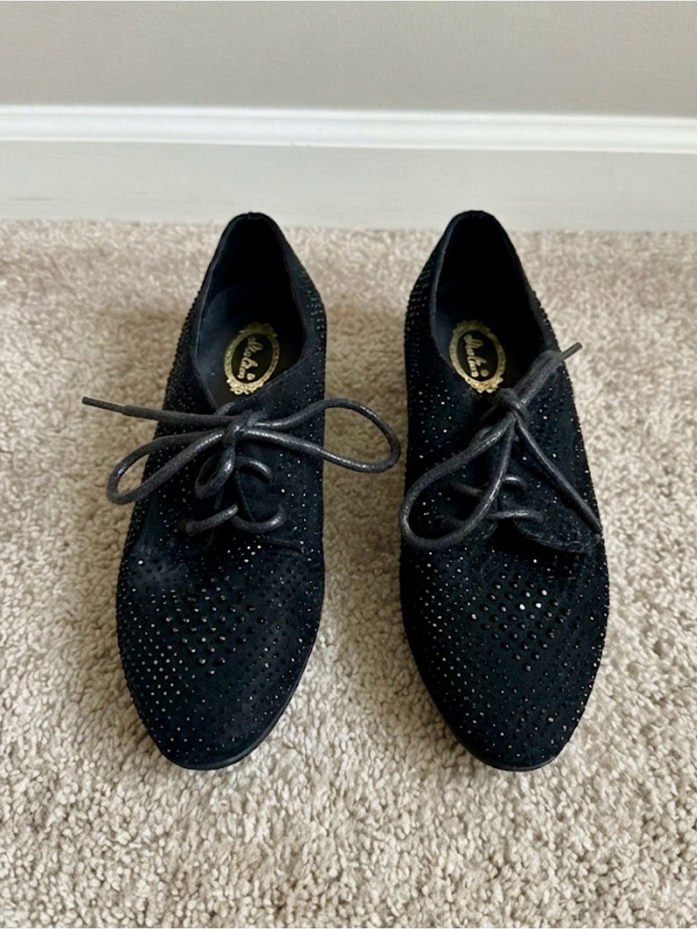 ⁠Italina Black Rhinestone Platform Oxfords Creepers Sz 37 US 7 Y2K